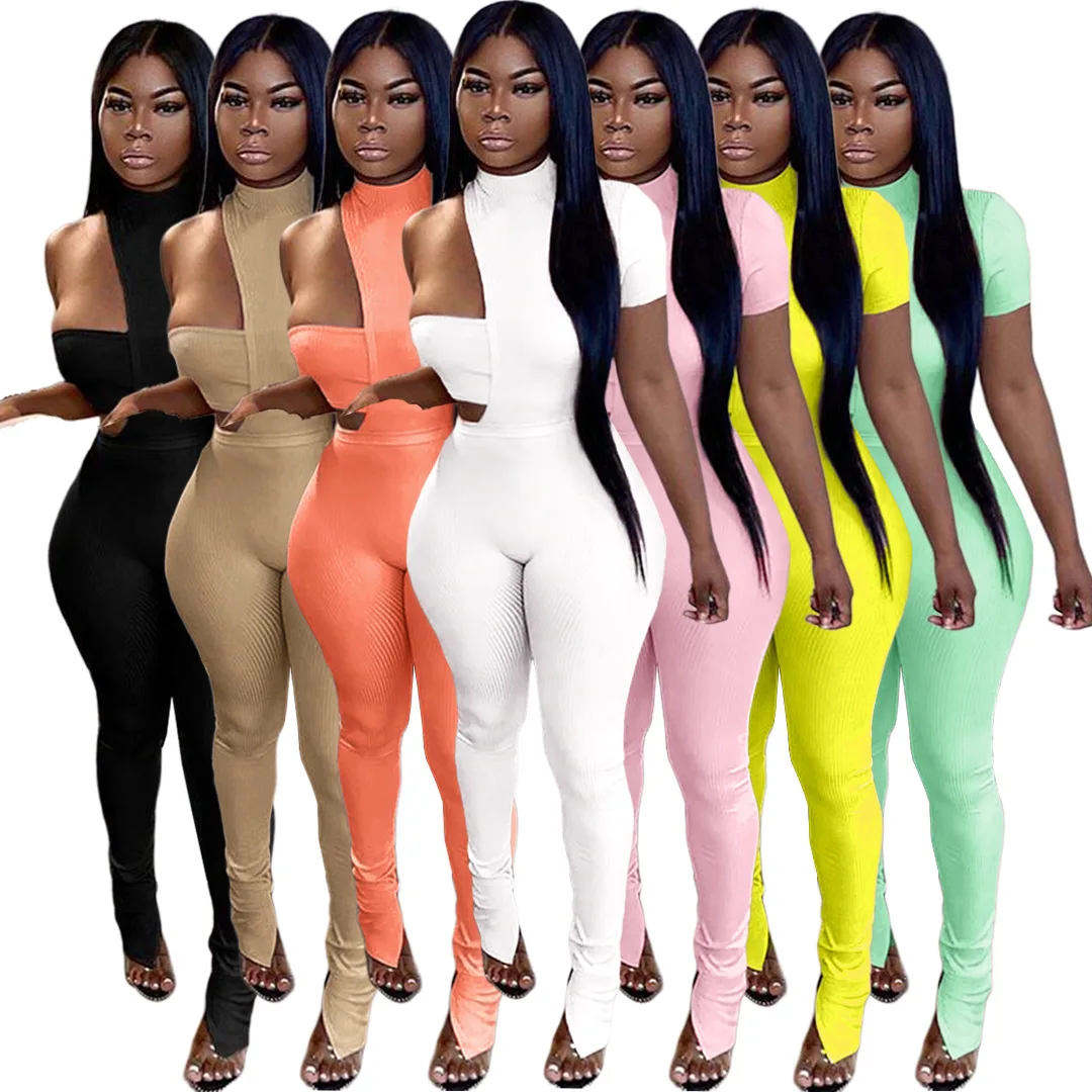 Hot style asymmetrical knit ribbed chest wrap one shoulder jumpsuit top and slit pants 3 piece set for women