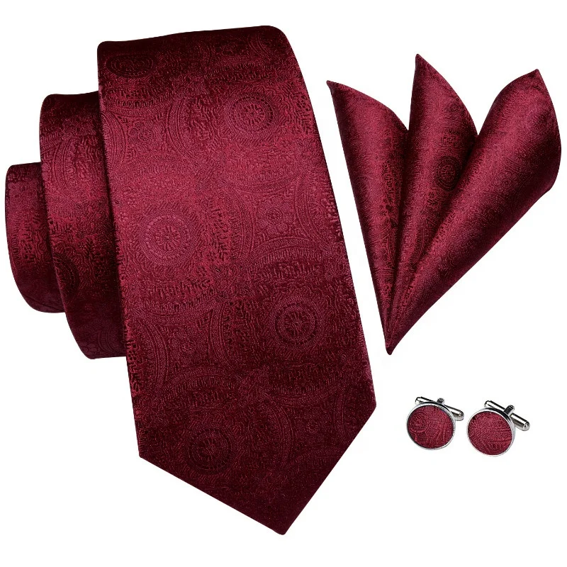 Formal Wedding Wine Red Flower Jacquard Woven Mens Silk Tie Set