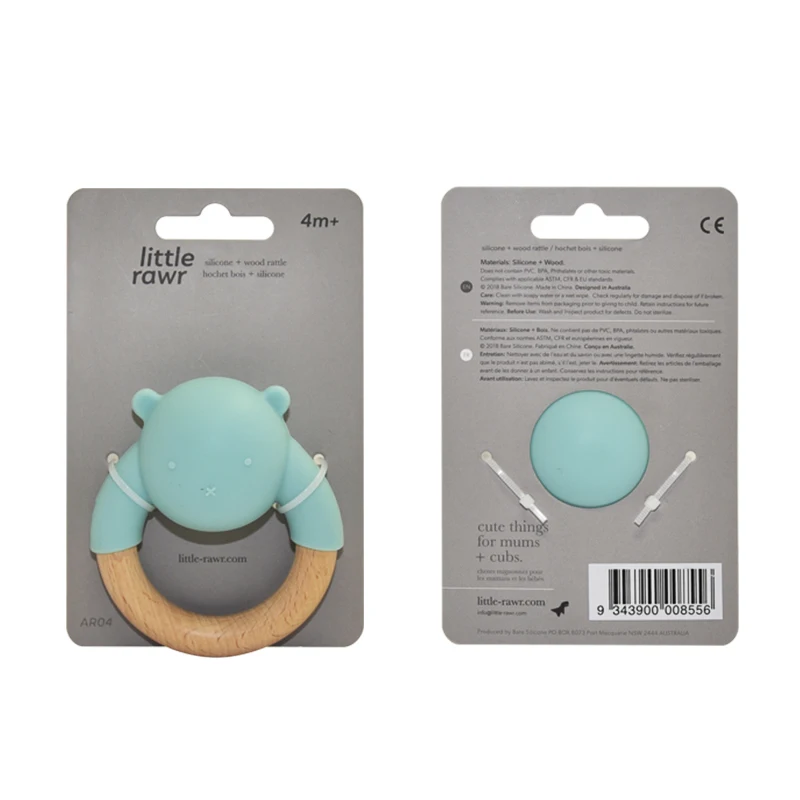 Non toxic new design food grade beech wood teether cute animal shape silicone teething teether baby chewy toy