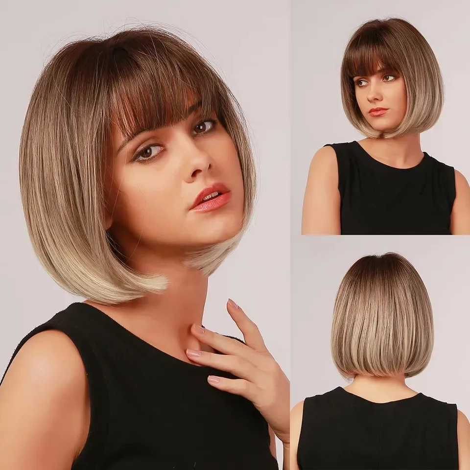 Hot Sale Full Lace Front Synthetic Wigs 613 Bob Ombre Brown Blonde Short Straight Women Daily Cosply Party Wigs