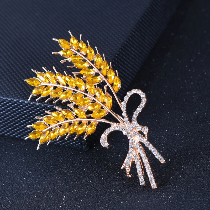 Go Party High-End Overcoat Scarf Button Brooch Jewelry Crystal Wheat Bow Brooches Pin Yellow Rhinestone Wheat Brooches Women