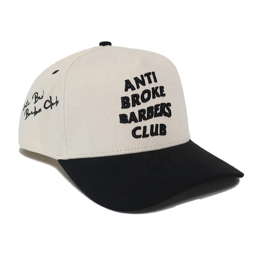 High quality unisex black embroidery 5 Panel baseball cap custom Suede two tone snap strap hats baseball cap