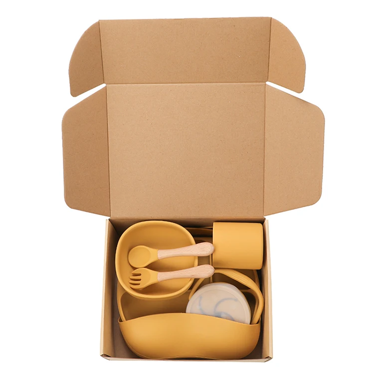 Wholesale Bpa Free Kids Feeder Baby Eco Divider Spoon Bowl Plate Silicone Dishes Cup Feeding Set With Box