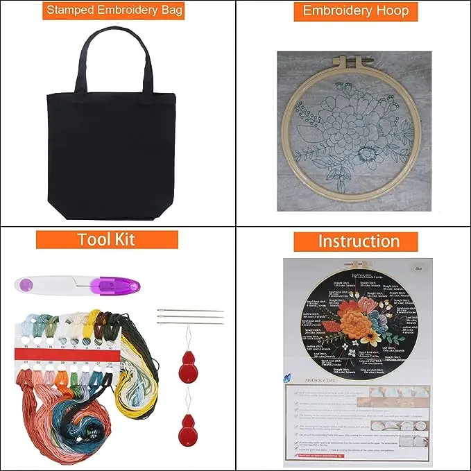 DIY Embroidery Kit for Adults Black Canvas Tote Bag,Cross Stitch Kit Include Embroidery Bag,Instructions,Embroidery Hoops,Color