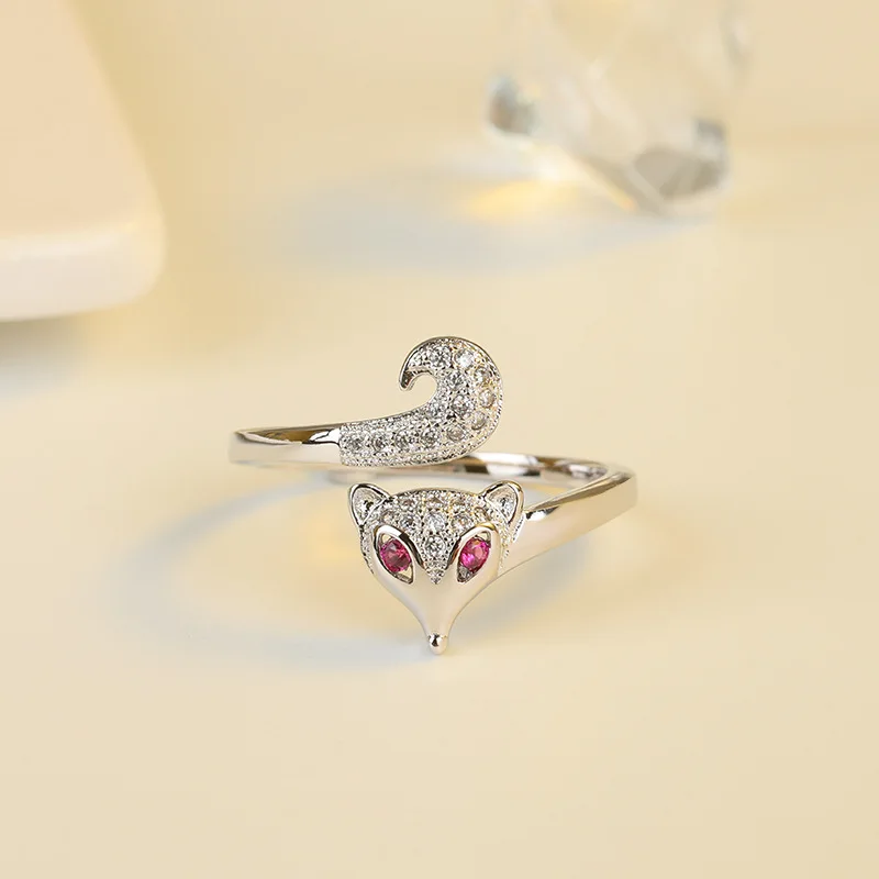 Fashion Korean Ring 925 Silver Fox Diamond Rings Womens Open Adjustable Ring Jewelry