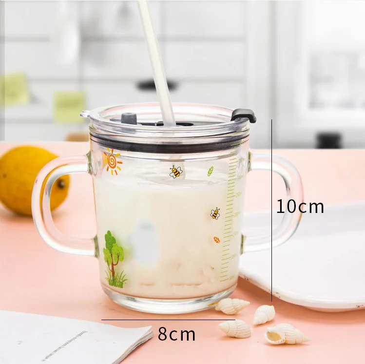 Wholesale cartoon glass straw cup children cute milk cup summer drink cup with straw