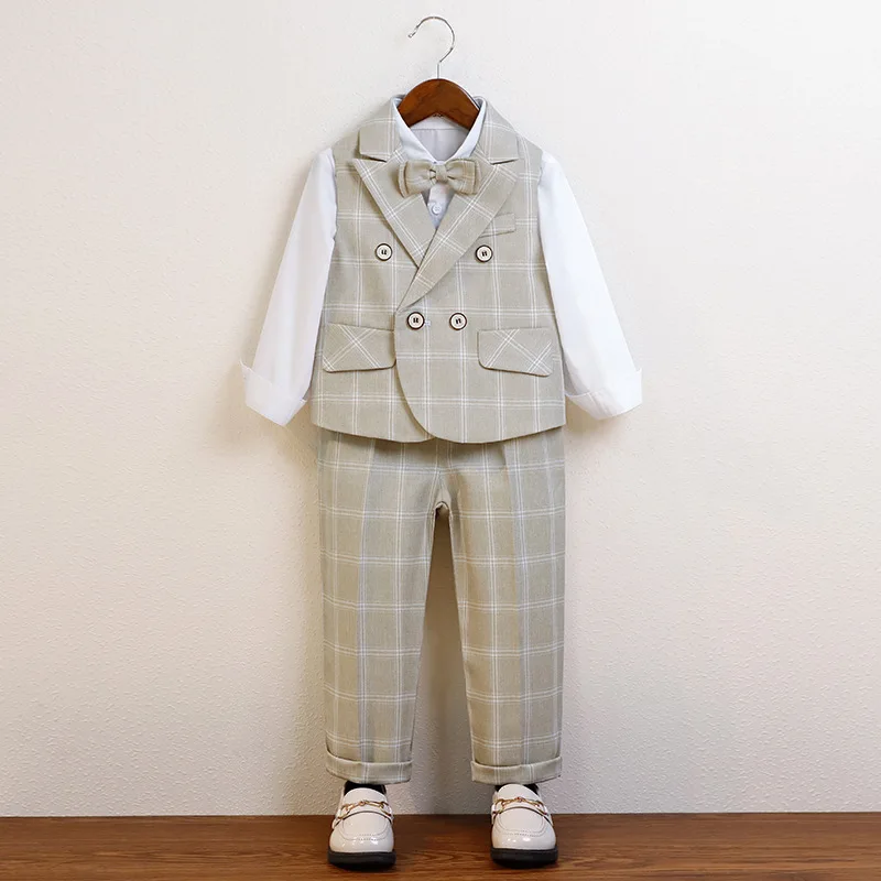 Handsome Checkered Vest Set for Boys Hosting Flower Children Performance Clothing 2023 High Quality Boys Suit Set