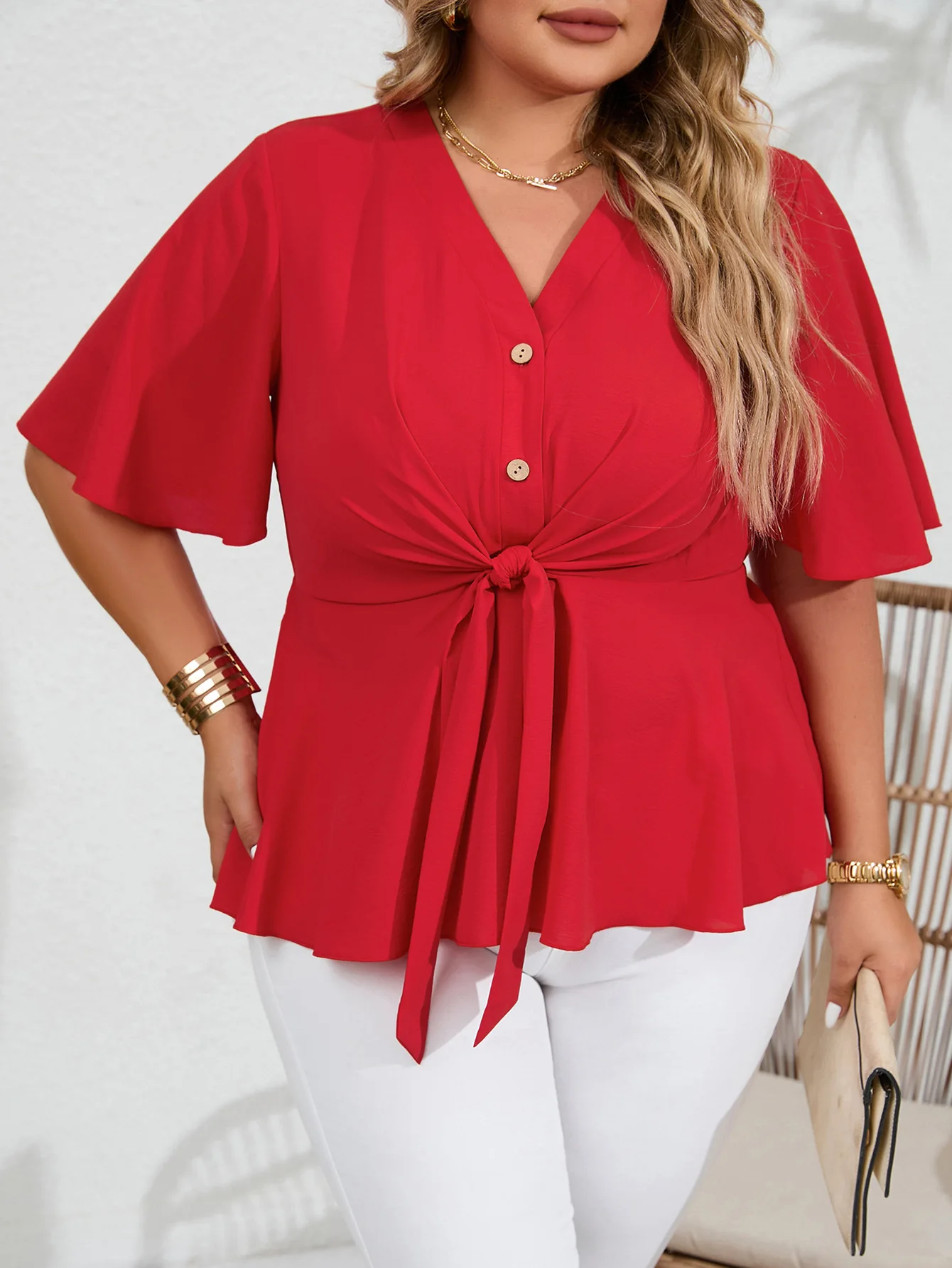 ZIYA A12L79 Plus Size V-neck Single Breasted Tie Up Women Short Sleeve Blouse