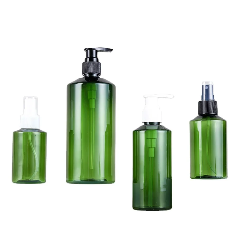 Empty Plastic Oblique Shoulder Amber Green Shampoo Skincare Lotion Bottle With Screw Pump Dispenser Cap 50ml 100ml 150ml 200ml