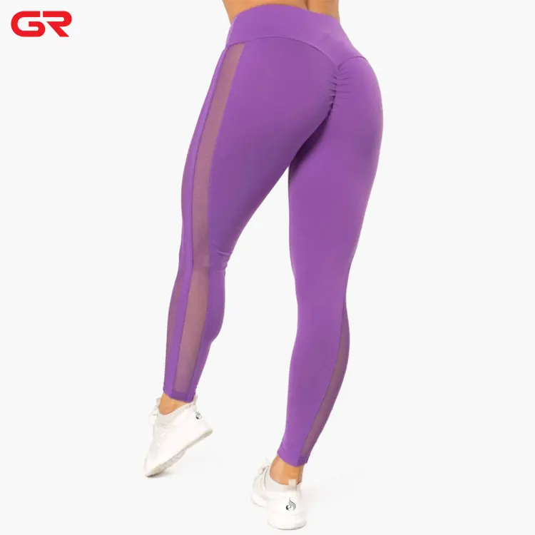 Custom Active Wear Pants Mesh Pattern Solid Ruffle Scrunch Butt Leggings For Women