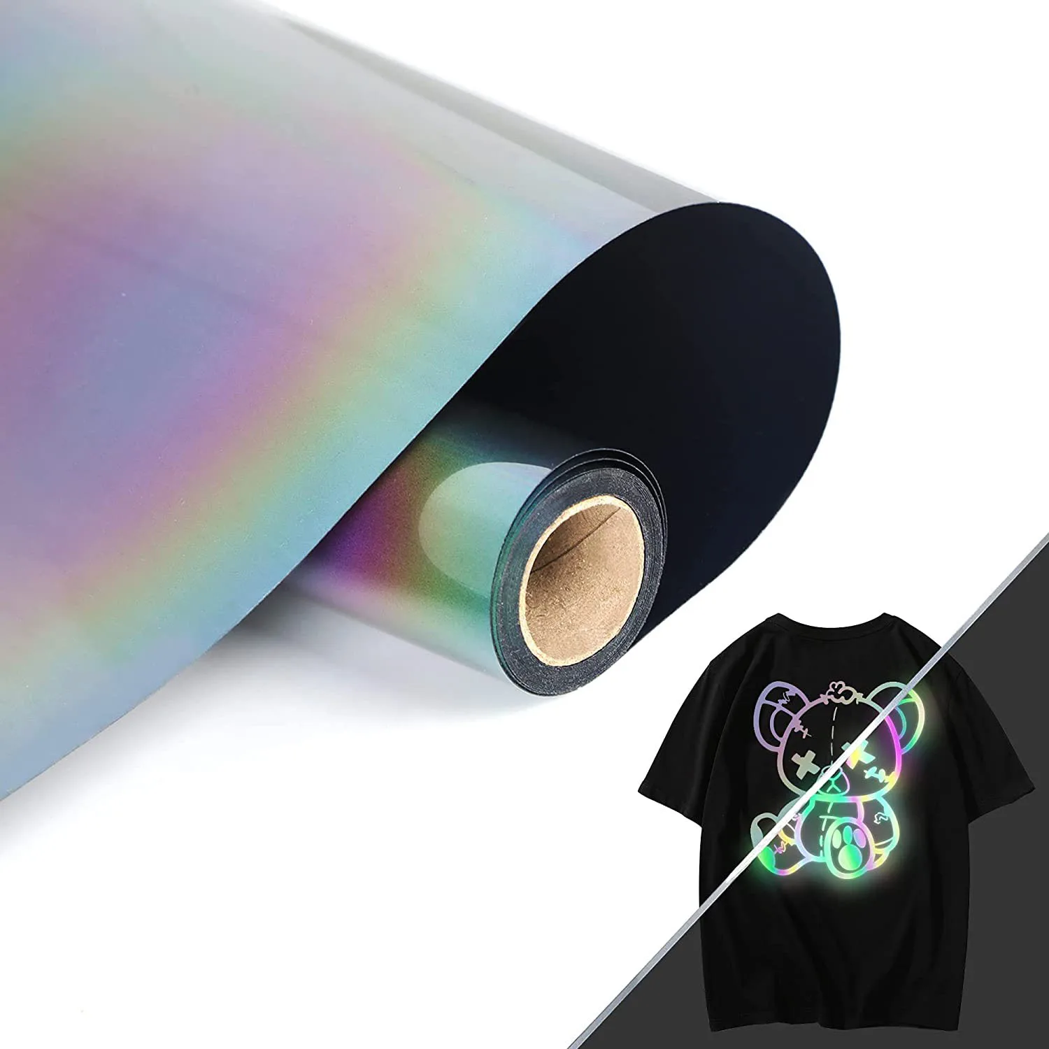Diylobby 3m Silver Rainbow Color Retro Transparent HTV Vinyl Reflective Heat Transfer Vinyl Film Roll Design For Clothing