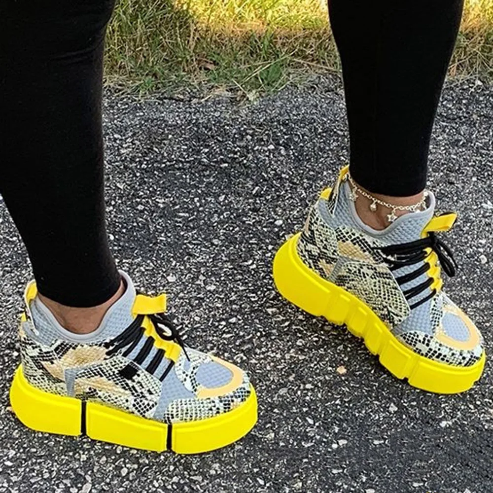 
Fashion Snake pattern Round Toe Mid-Cut Upper Lace-Up Women Platform Sneakers 