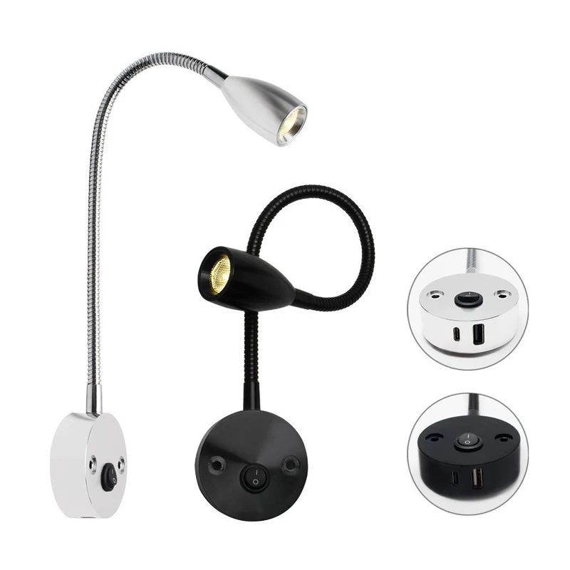LED 3W Bedside Reading Light Wall Lamp Hardwired Wall Sconce with Switch, LED Headboard Lighting Fixture Flexible Gooseneck