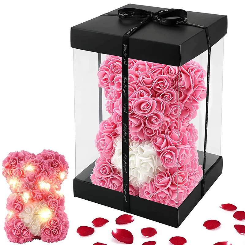 Transparent PET Plastic Rose Bear Flower Rose Teddy Bear Cake Gift Box Square Clear PVC Plastic Gift Boxes