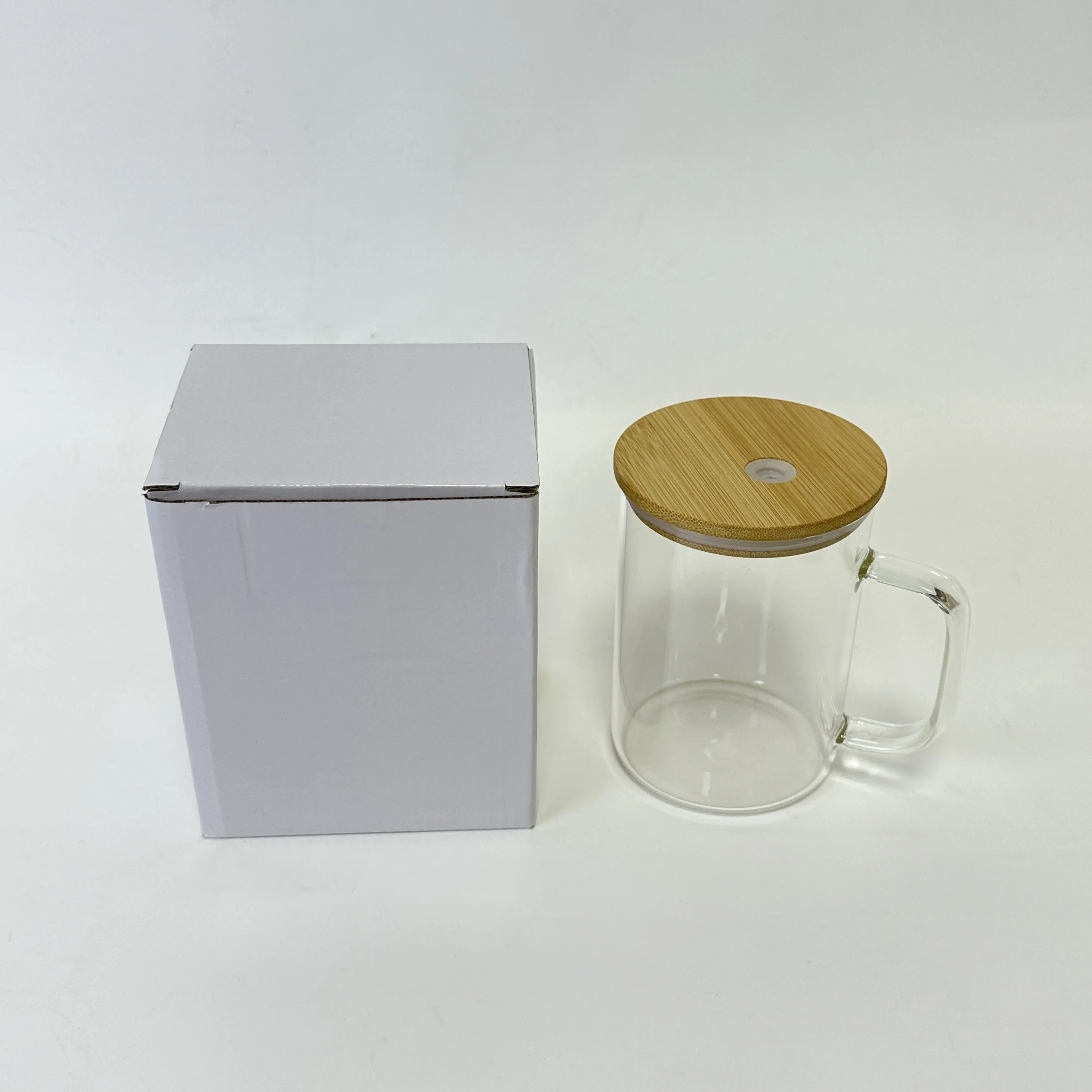 US warehouse 15oz Snow globe with handle clear frosted beer Can mug  Double Walled Pre-Drilled Glass can mug with Bamboo Lid