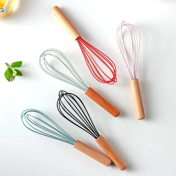 Kingwise Wholesale High Quality Baking Cooking Tools Manual Silicone 10 Inch Whisk Egg Beater With Wood Handle