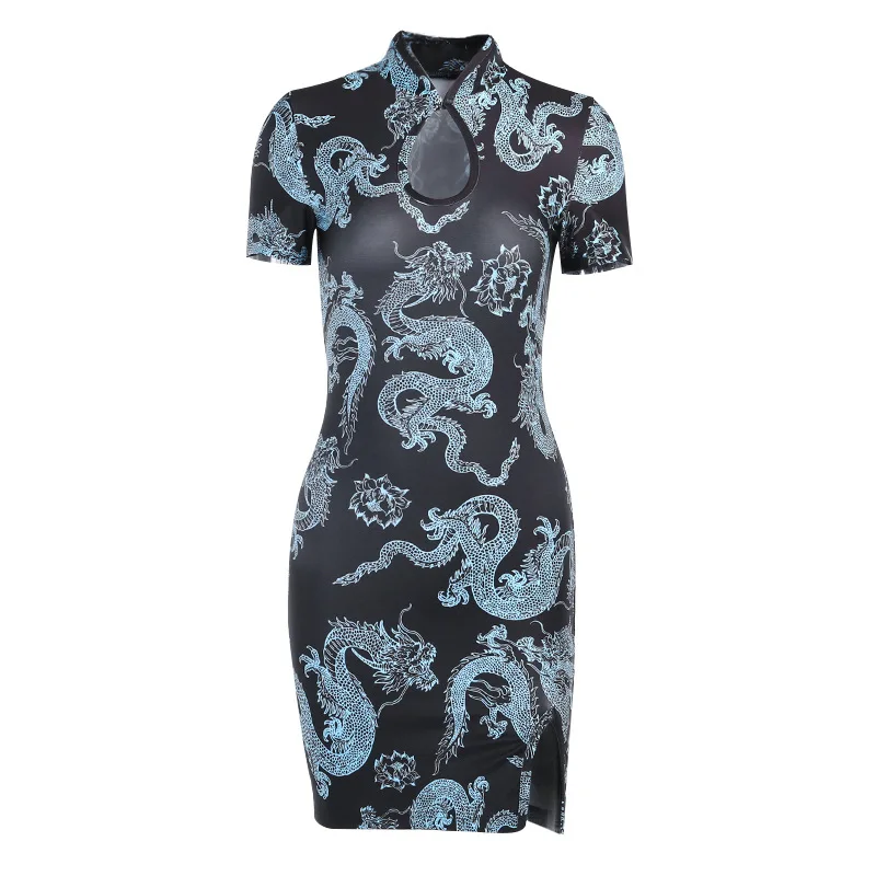 Hot China Products Wholesale Cheongsam Dragon Print Vintage Women Summer Bodycon Sexy Dress