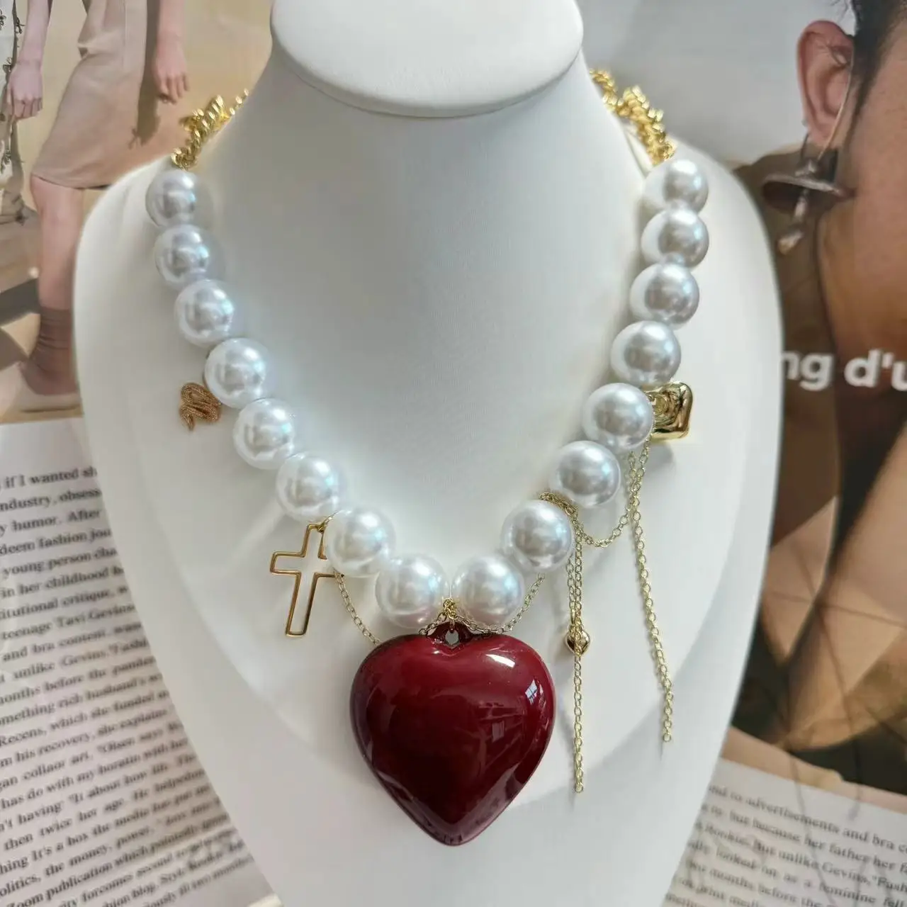 Fashion Big Red Heart Pearl Necklace Luxury Gold Plated Chain Cross Heart Pendant Choker Women Ladies Lovely Jewelry Wholesale