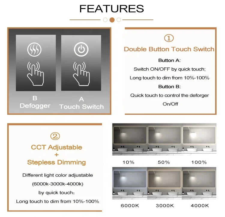 FICLUX Hotel Mirror Front Light 12V 5A Capacitive Touch On Off CCT Dimmable Sensor Antifog Switches