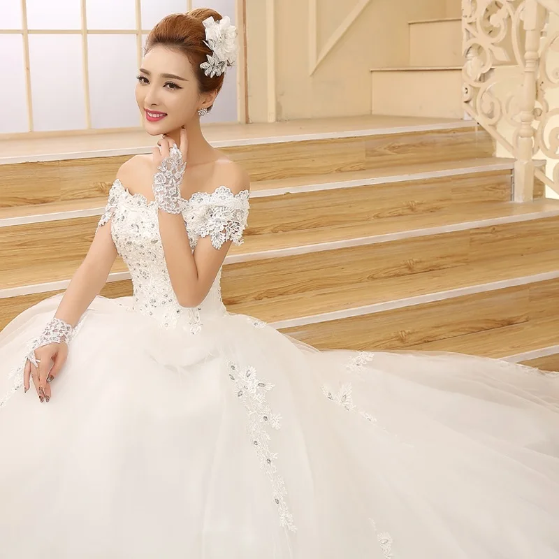 
Vestido De Novia New Bridal Gown Princess White Lace Beading Crystal Boat Neck Royal Train Cheap Dresses Plus Size 