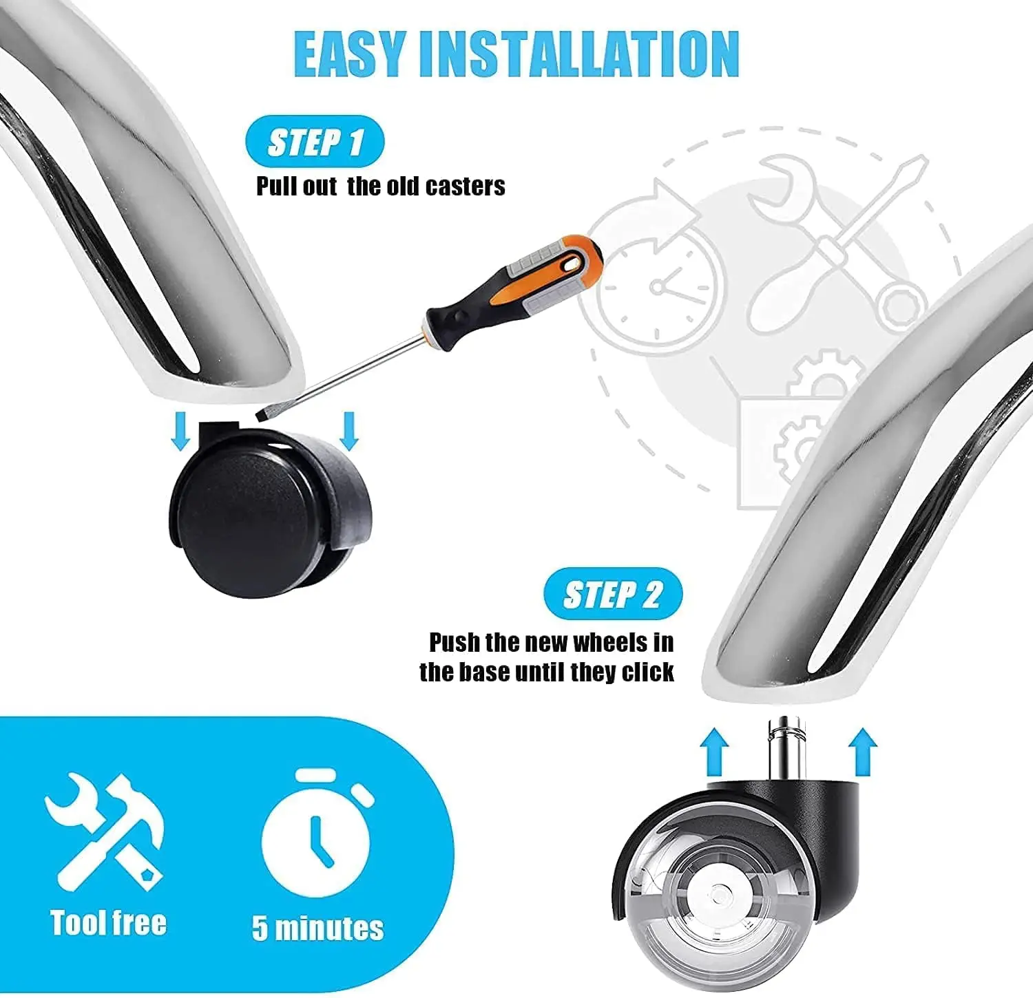 Ролики для офисных стульев, 2 в, Двойные ролики, сменный подшипник с двумя шарикоподшипниками, для компьютерного стола