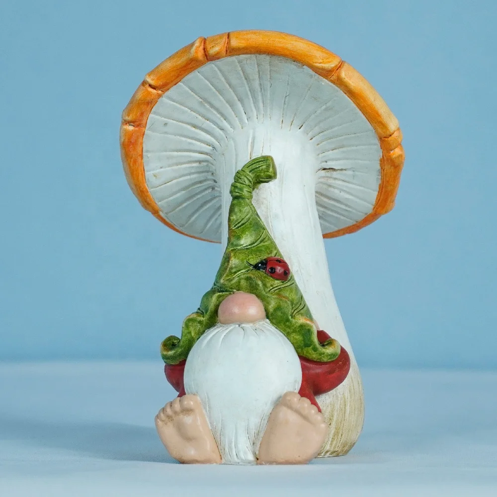 Outdoor Gnomes Decorations garden gnome sitting under mushroom with ladybug  Resin garden gnome statue