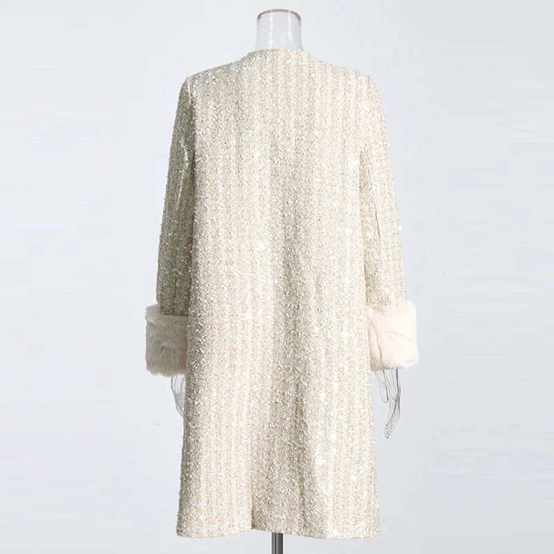 CHICEVER Round Neck Long Sleeve Single Breasted Sequins Patchwork Feathers Winter Jackets For Women 2023