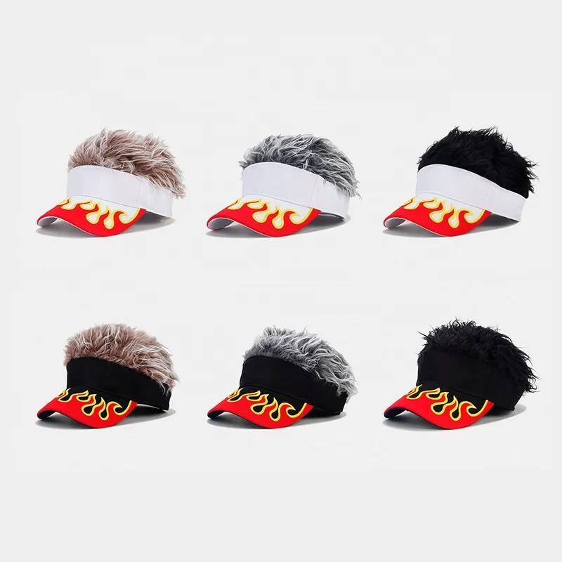 Custom Embroidery Logo Men Novelty Hair Golf Visor Sun Cap Hip Hop Adjustable Flames Wig Peaked Baseball Hat with Spiked Hairs