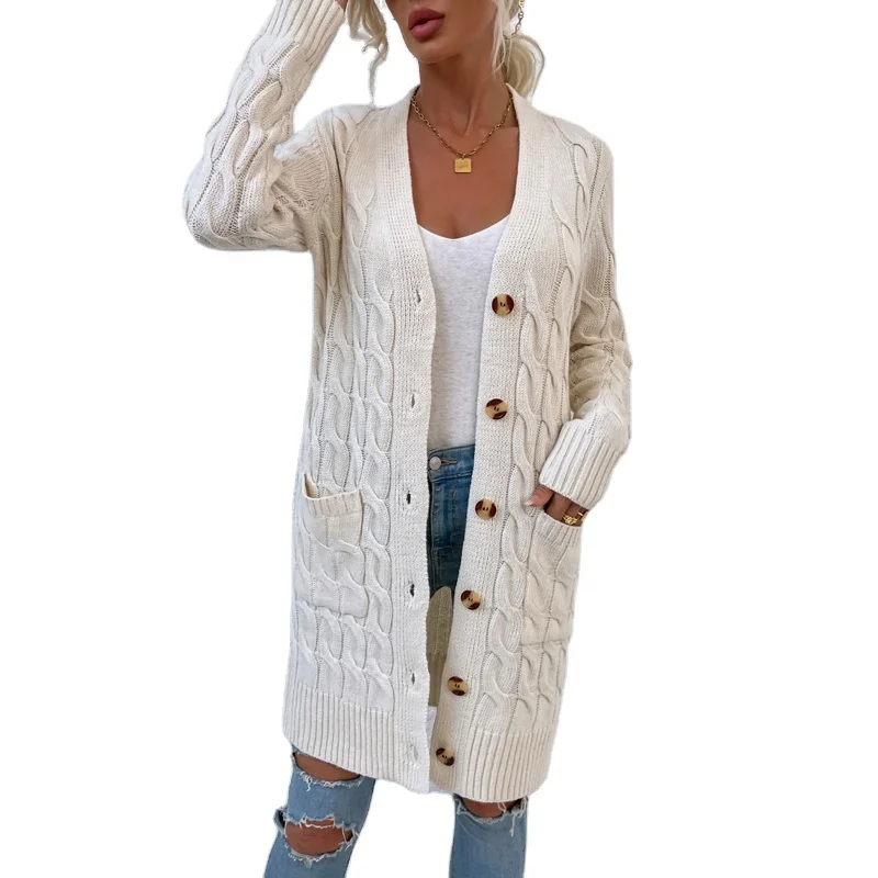 Однотонный длинный однобортный Кардиган с карманами, свитер для женщин, новый дизайн 2021