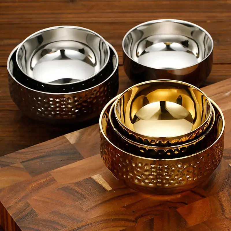 Custom Korean Style 304 Stainless Steel Double Wall Bowl Gold Heat Insulation Rice Soup For Hotel Restaurant Home
