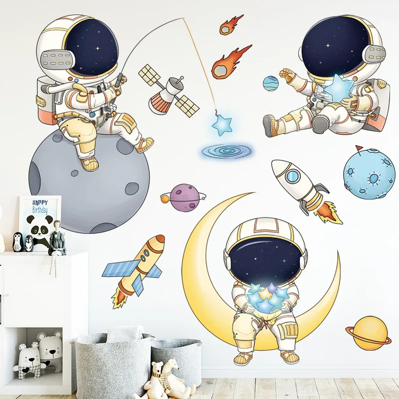 Cute Cartoon Design Space Astronaut Wall Sticker DIY Home Wall Decals Kids Room Wallpaper Decor PVC Removable Stickers