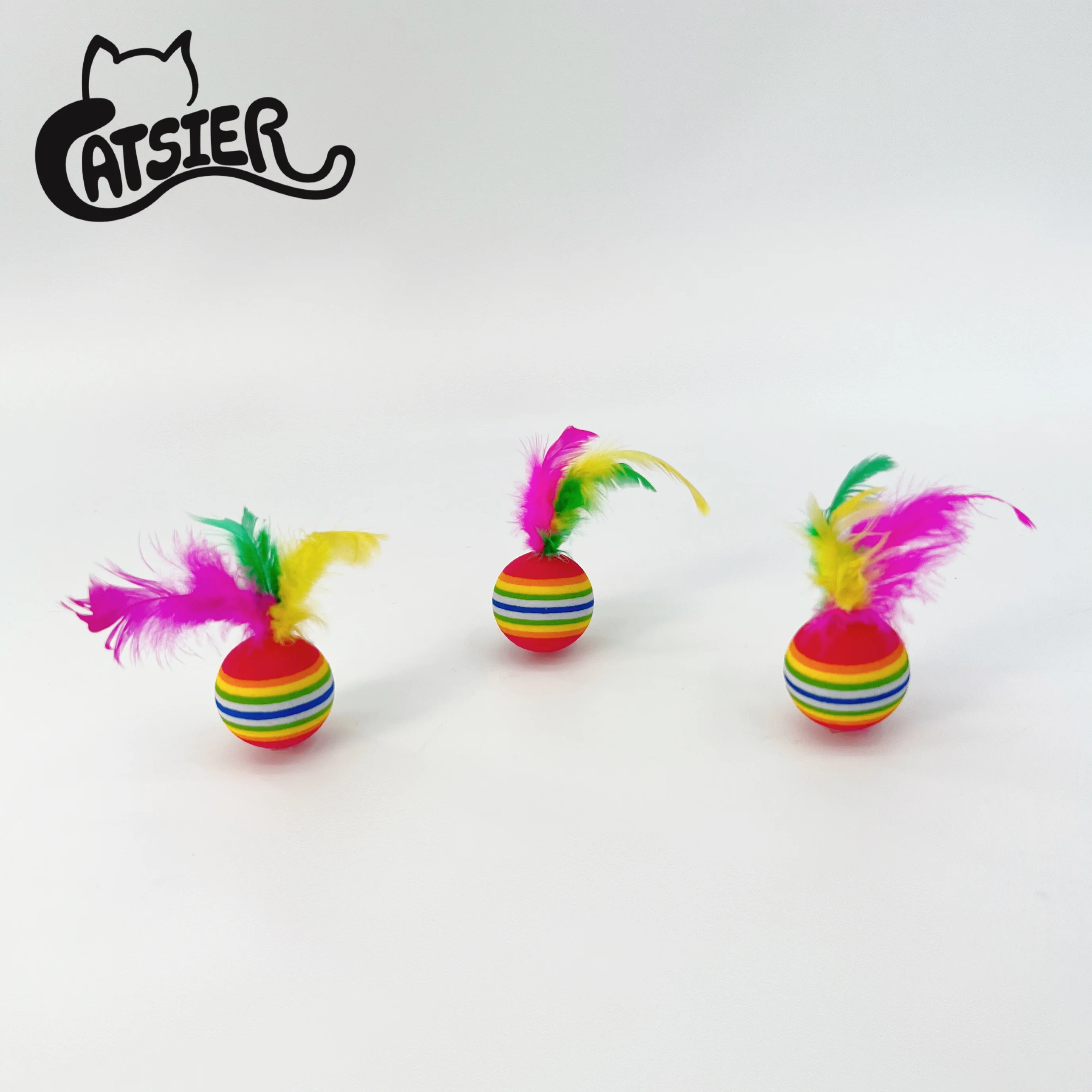 Manufacture Wholesale Foam Cat Toys Ball with Feather Rainbow Color Balls Kitten Activity Chases Quiet Play Mix Color