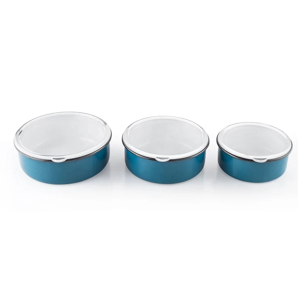 Bowl Triple Set Storage Enamel Salad Bowl Packaging Cup Three Pieces Bowl Stainless Steel Double Round Shape Kitchenware