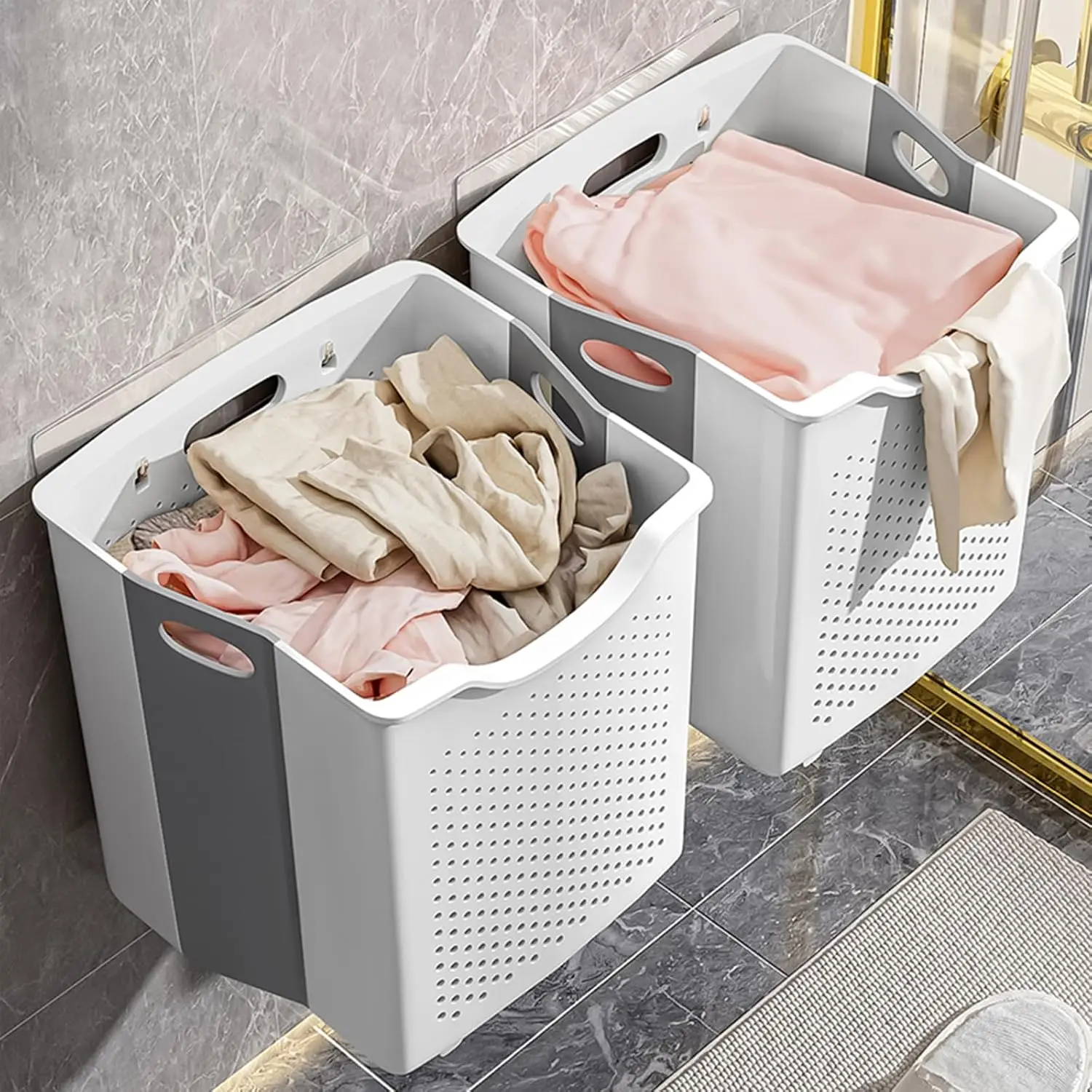 Bathroom Shower Wall Mounted Foldable Storage Basket Plastic Collapsible Hanging Laundry Hamper Bag for Dirty Clothes Organizer