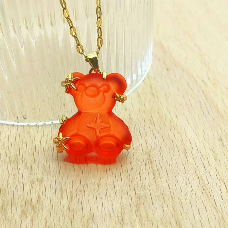 Cute Bear Stainless Steel Gold Plated Resin Waterproof Star Zircon Necklace