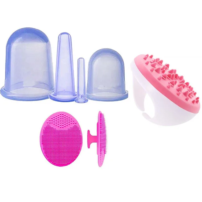 
(4 Suction Cups with Cellulite Remover Body Brush & Face Scrubber) Silicone Cupping Set for Cellulite Treatment and Body Detox 