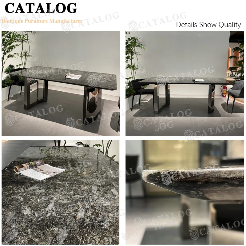 High Quality Large Stone Stainless Steel Dining Table Restaurant Natural Marble Creativity Dining Tables