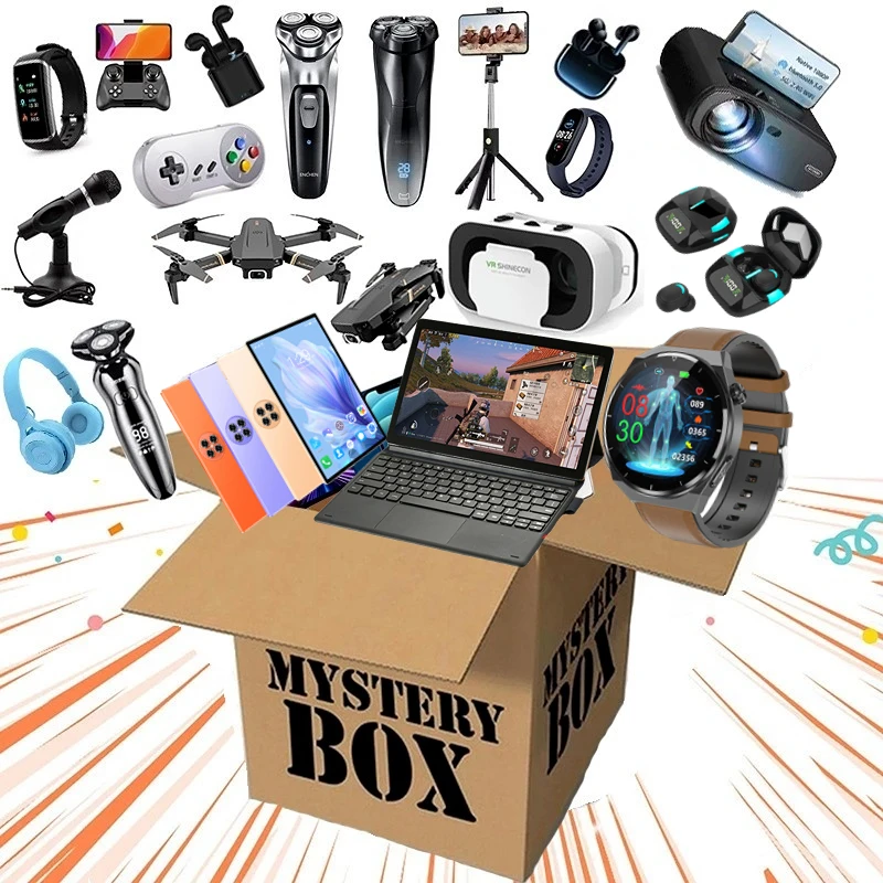 At least 3 pcs electronic Surprise Mystery Box Blind Gift may open: wireless TWS earphones, Tablet Computer,Smart Watches,Drone