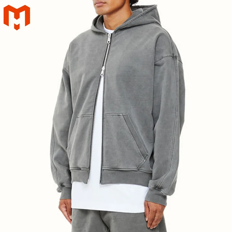 Men Customized OEM High Quality Custom Fleece Acid Washed Full Zipped Jacket Men Long Sleeve Double Side Zipped Up Hoodie