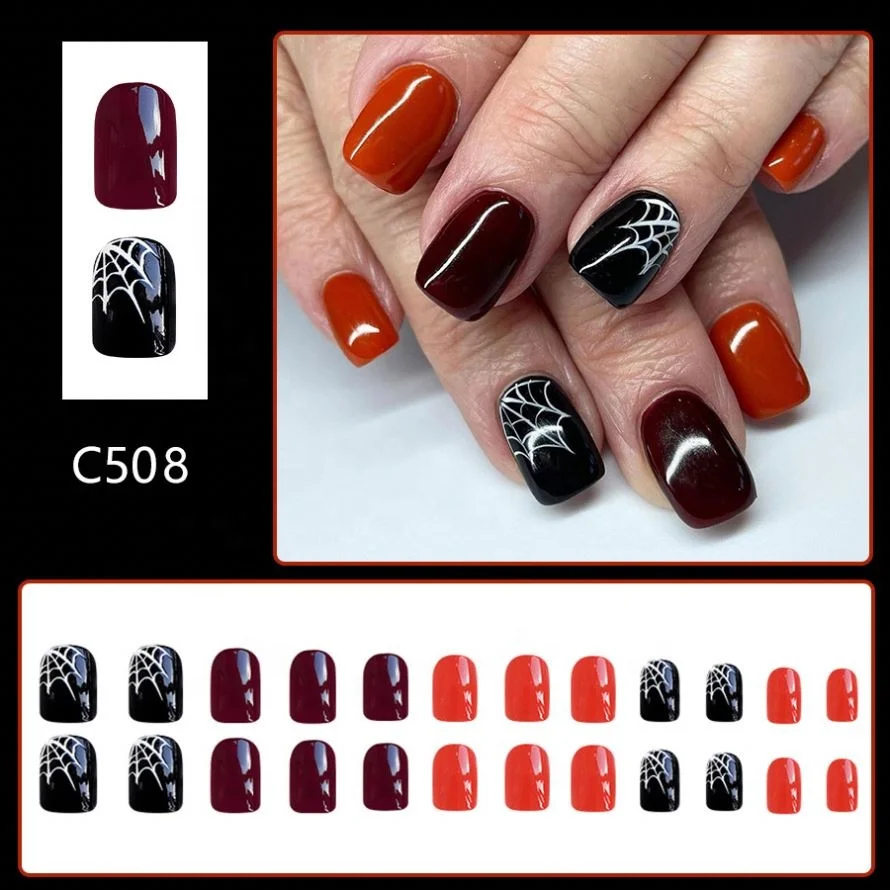 2024 Spider Web Short Halloween Press on Nails False Nails Full Cover Artificial Nails