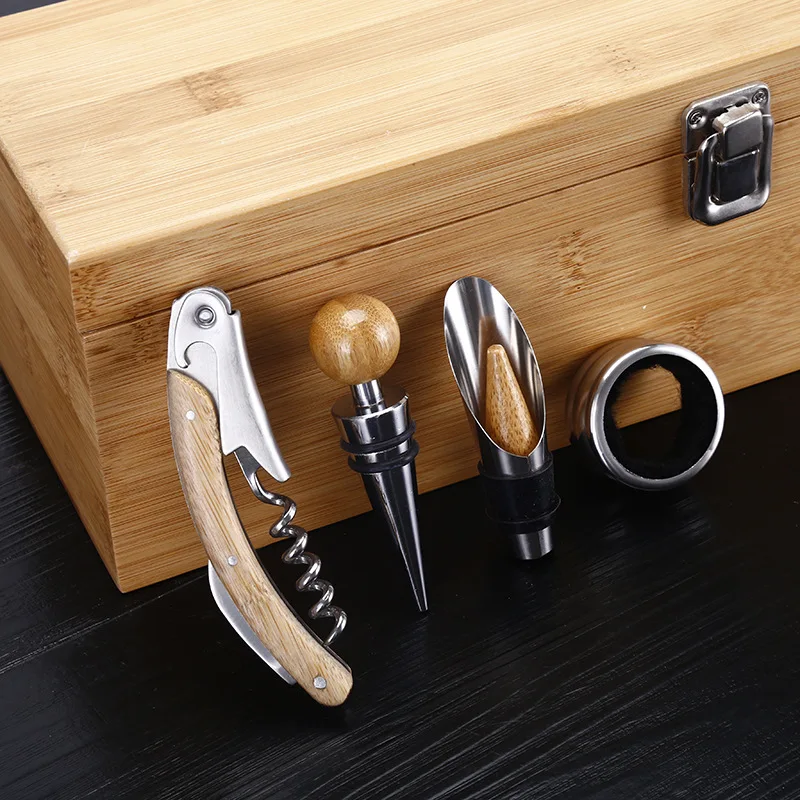 Bamboo Wooden customization pattern LOGO Bamboo Wood Wine Case with Tools Set Wine Storage Box Gift for Wine Lover