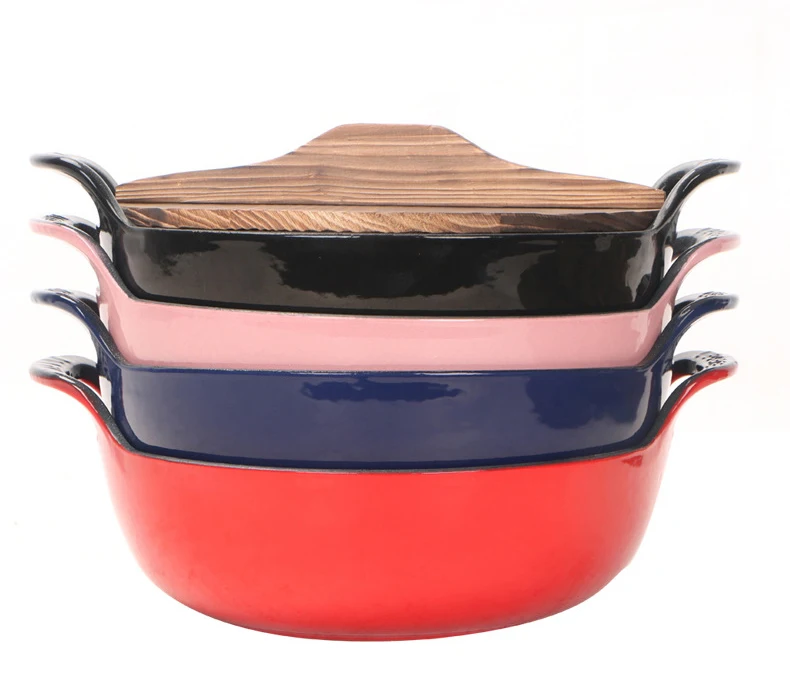 High Quality  Cast Iron Enamel Cookware Set with Aluminum Dutch Oven and Wooden Lid Custom Logo for Kitchen Cooking