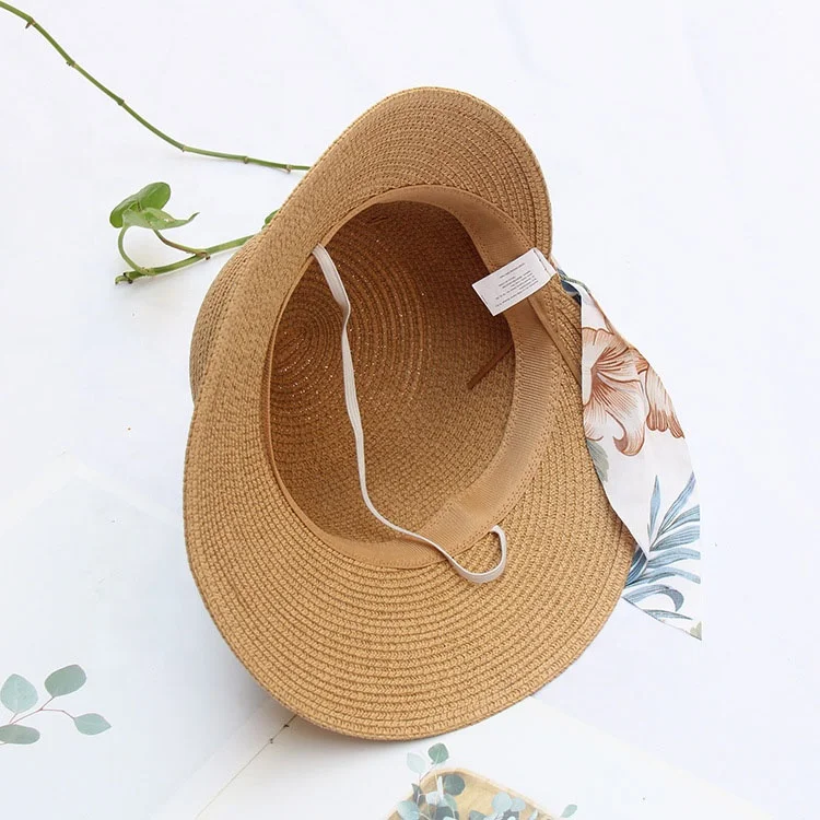 Fashionable paper bucket hat floral printed ribbon adjustable beach hats for women summer foldable handy straw hat