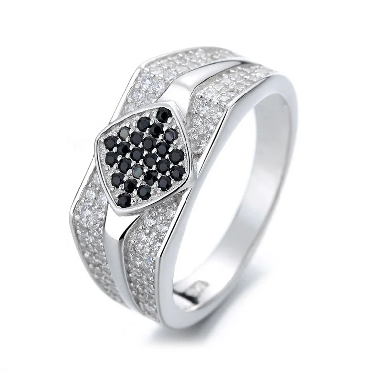 Pure Silver 925 Dubai Men Ring Rhombus Black CZ Stones Chunky Band Finger Rings for Men