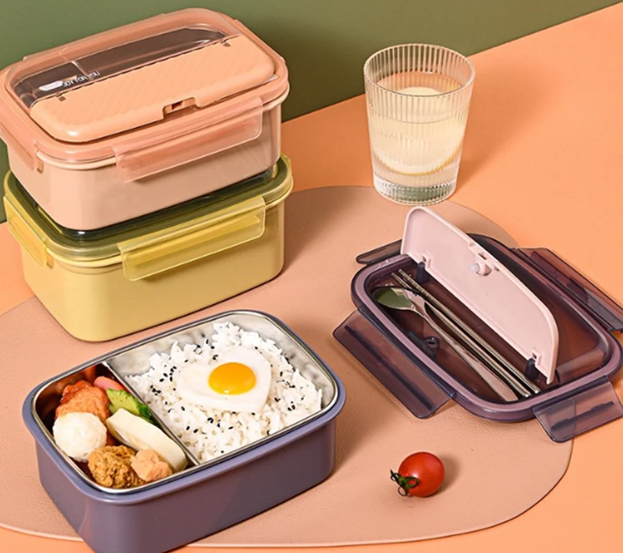 1050ml Thermal Insulation Lunch Box, Two Stainless Steel Compartments Bento Food Container