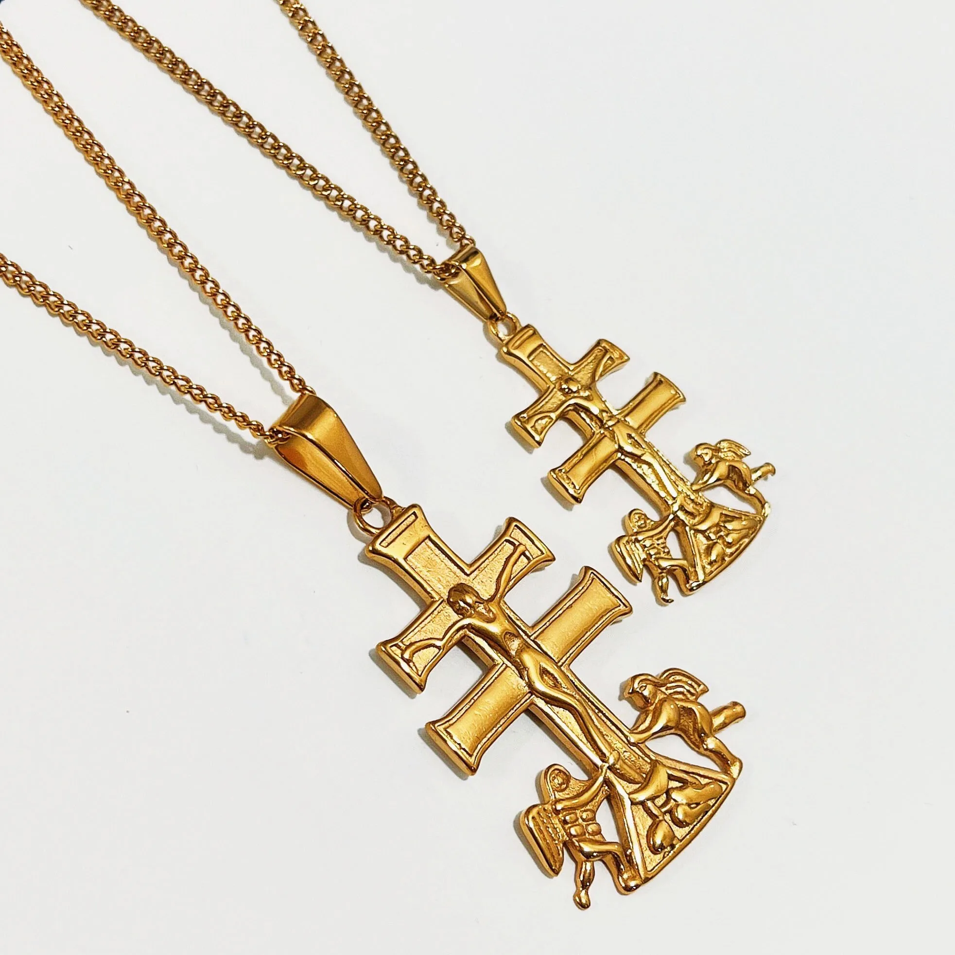 Винтажные 48 мм Каравака крест распятие Подвеска с Херувим Ангел из нержавеющей стали покрытой 18 к настоящим золотом набор религиозный ювелирные изделия