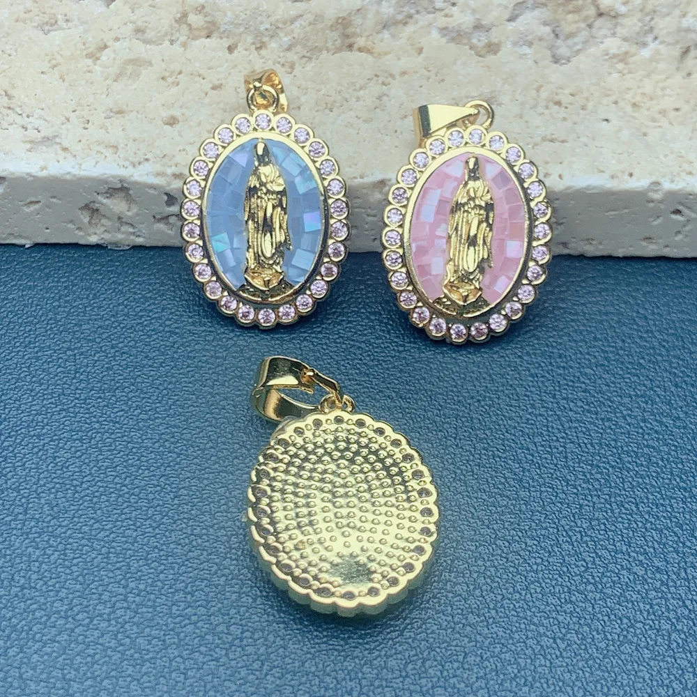 LOTOS Jewelry Oval Medal 14k oro laminado Religion Virgin Pendants Zircon colour Shell Charms Necklace