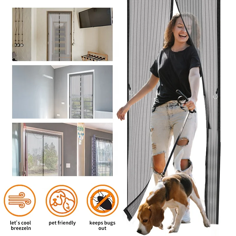 Custom Curtain Magnetic Mesh Self Sealing Screen Door Hanging Reinforced Polyester Mosquito Insect Fly Magnet Screen Door