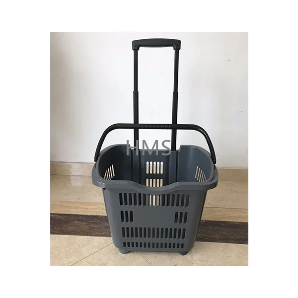 Rolling Shopping Basket With Metal Handle Wholesale Color Customized Plastic Basket