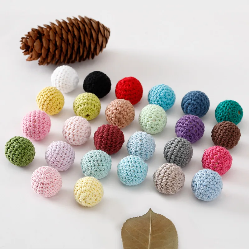 20mm Colorful Crochet Round Ball Beads for Bracelet Jewelry Hand-crocheted Wooden Bead Cotton Thread Teething Baby Toys
